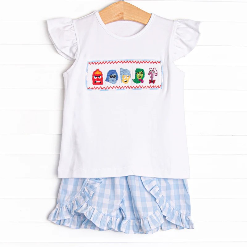 Preorder moq 5 Baby Girls Flutter Sleeves Cartoon Dolls Top Blue Plaid Ruffle Short Set