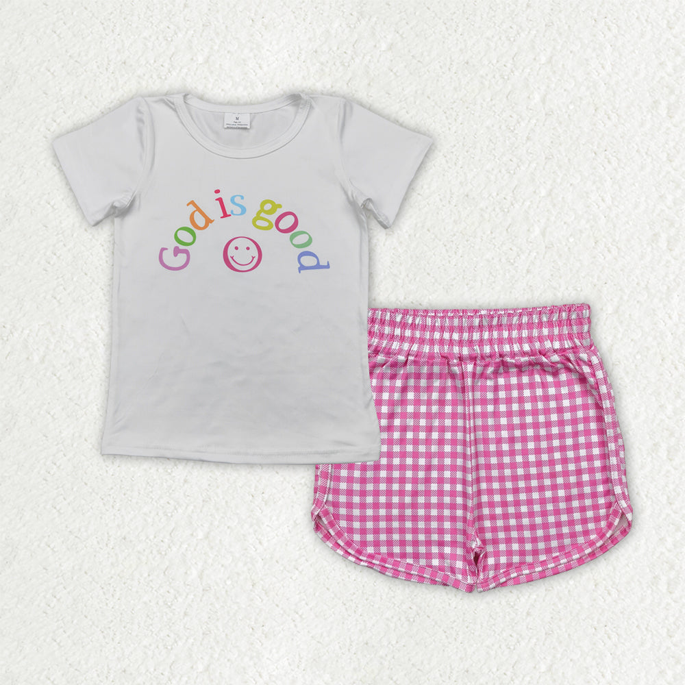 Baby Girls God Is Good Smile Top Pink Plaid Shorts Sets