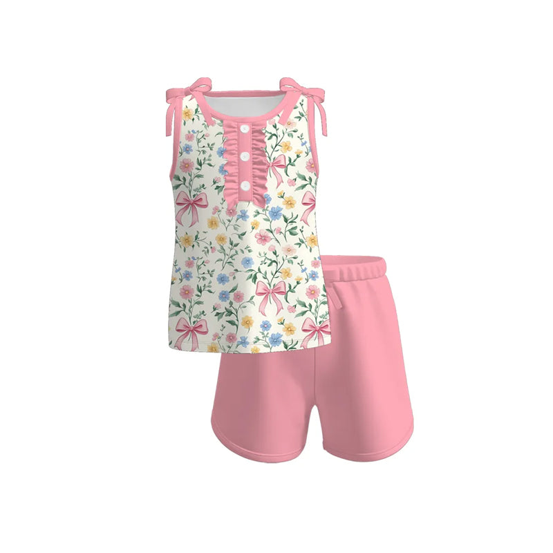 Baby Girls Sleeveless Bows Floral Button Top Pink Short Set Preorder