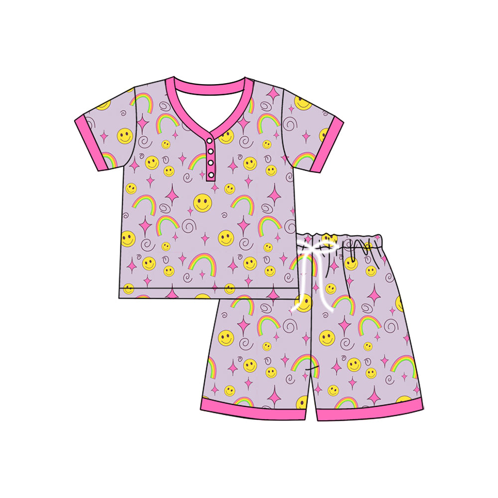 Adult Women Short Sleeves Button Smiles Rainbows Top Short Pajamas Sets Preorder