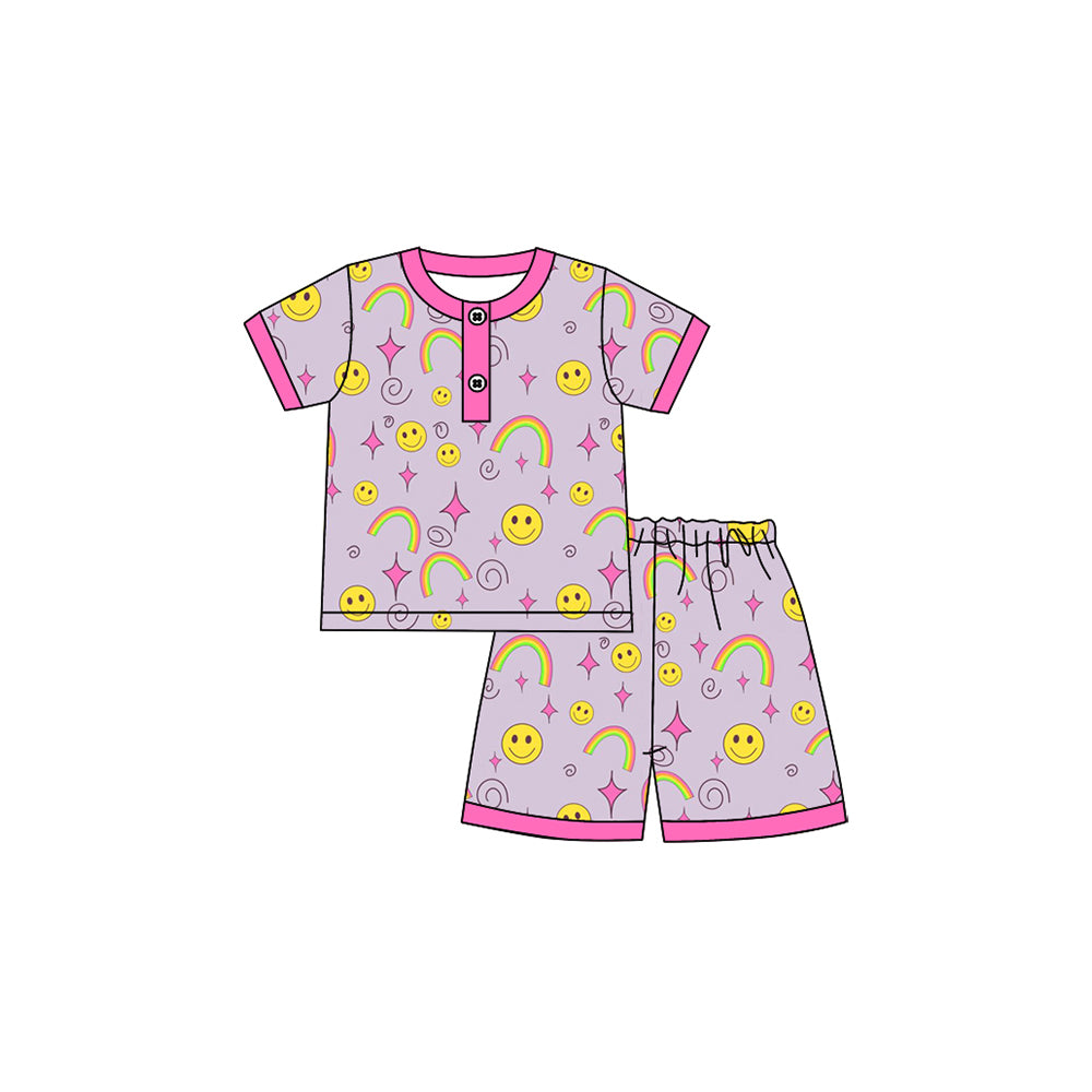 Preorder moq 5 Baby Girls Short Sleeves Smiles Rainbows Button Top Short Pajamas Set