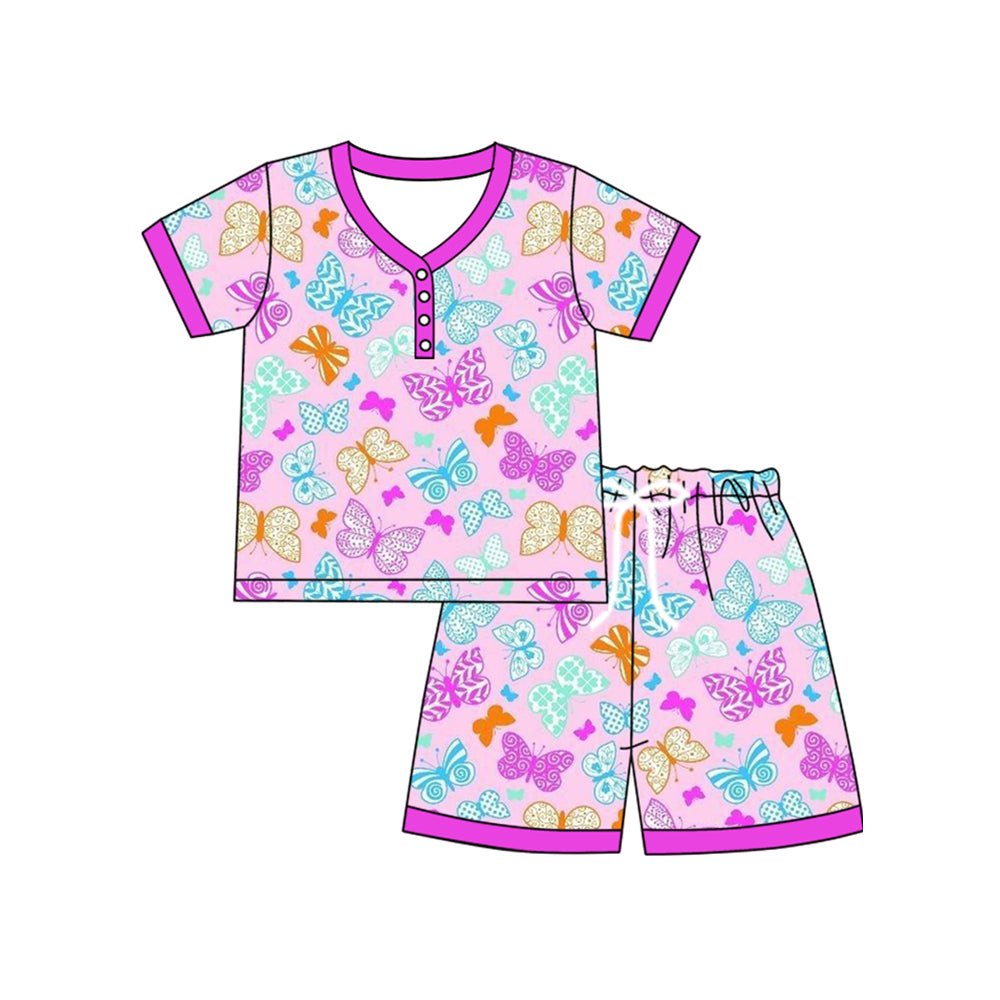 Adult Women Hot Pink Short Sleeves Butterfly Button Top Short Pajamas Sets Preorder