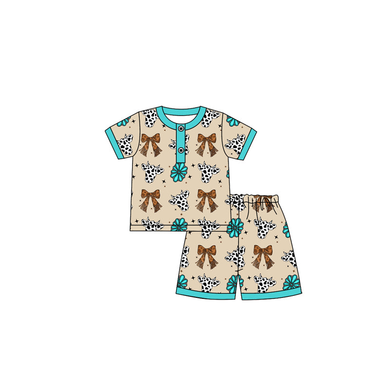 Baby Girls Short Sleeves Bows Cow Print Button Top Short Pajamas Set Preorder