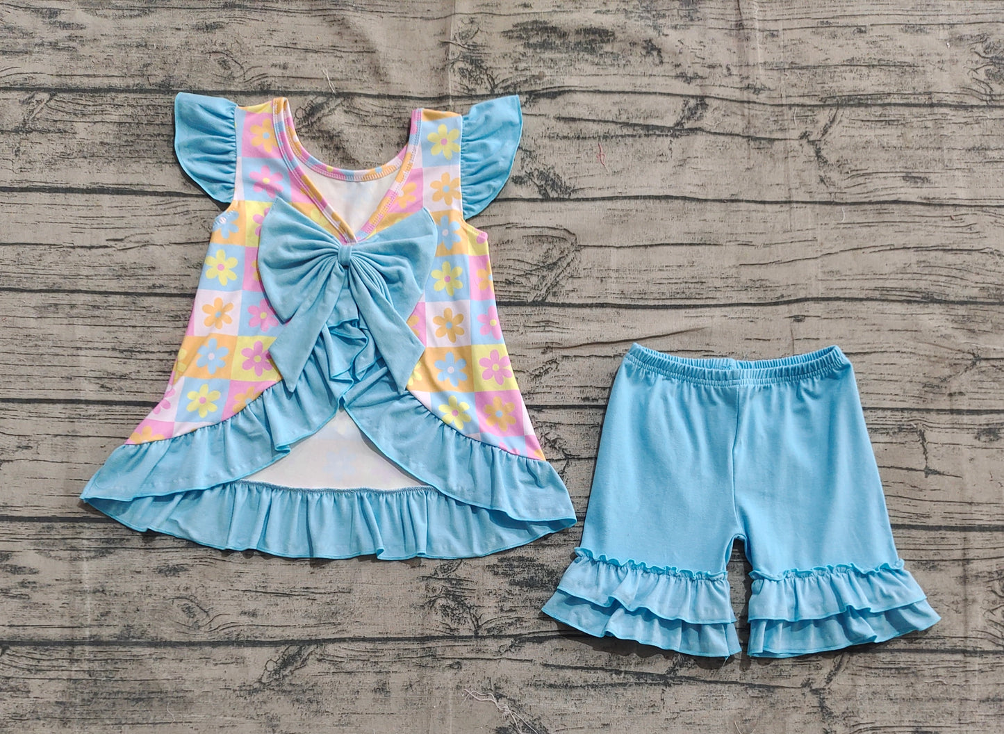 Baby Girls Blue Flutter Sleeves Flowers Plaid Tunic Ruffle Shorts Sets