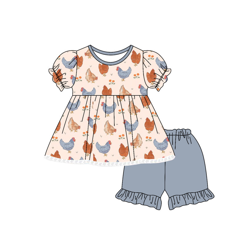 Preorder moq 5 Baby Girls Short Ruffle Sleeves Flowers Chicks Tunic Shorts Set