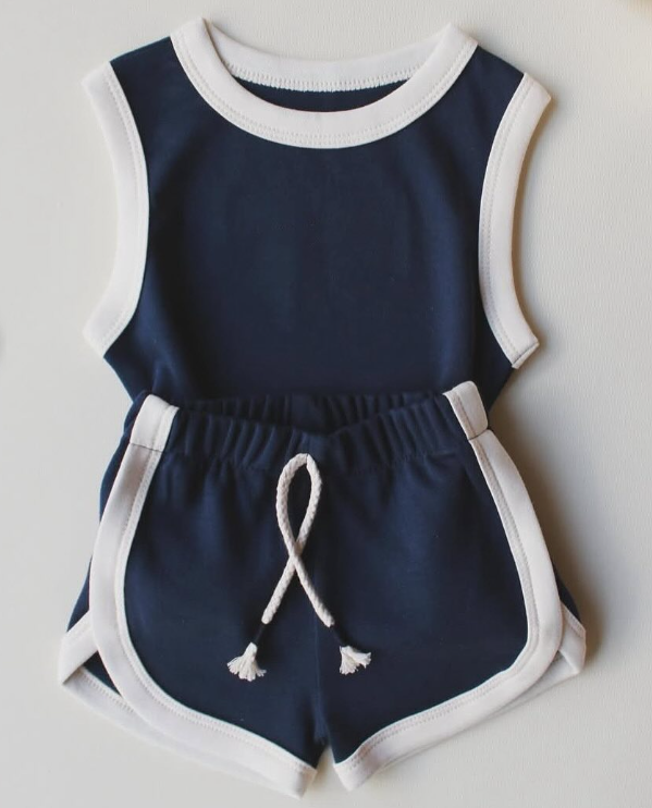 Baby Girls Navy Sleeveless Vests Top Sport Shorts Cotton Set Preorder