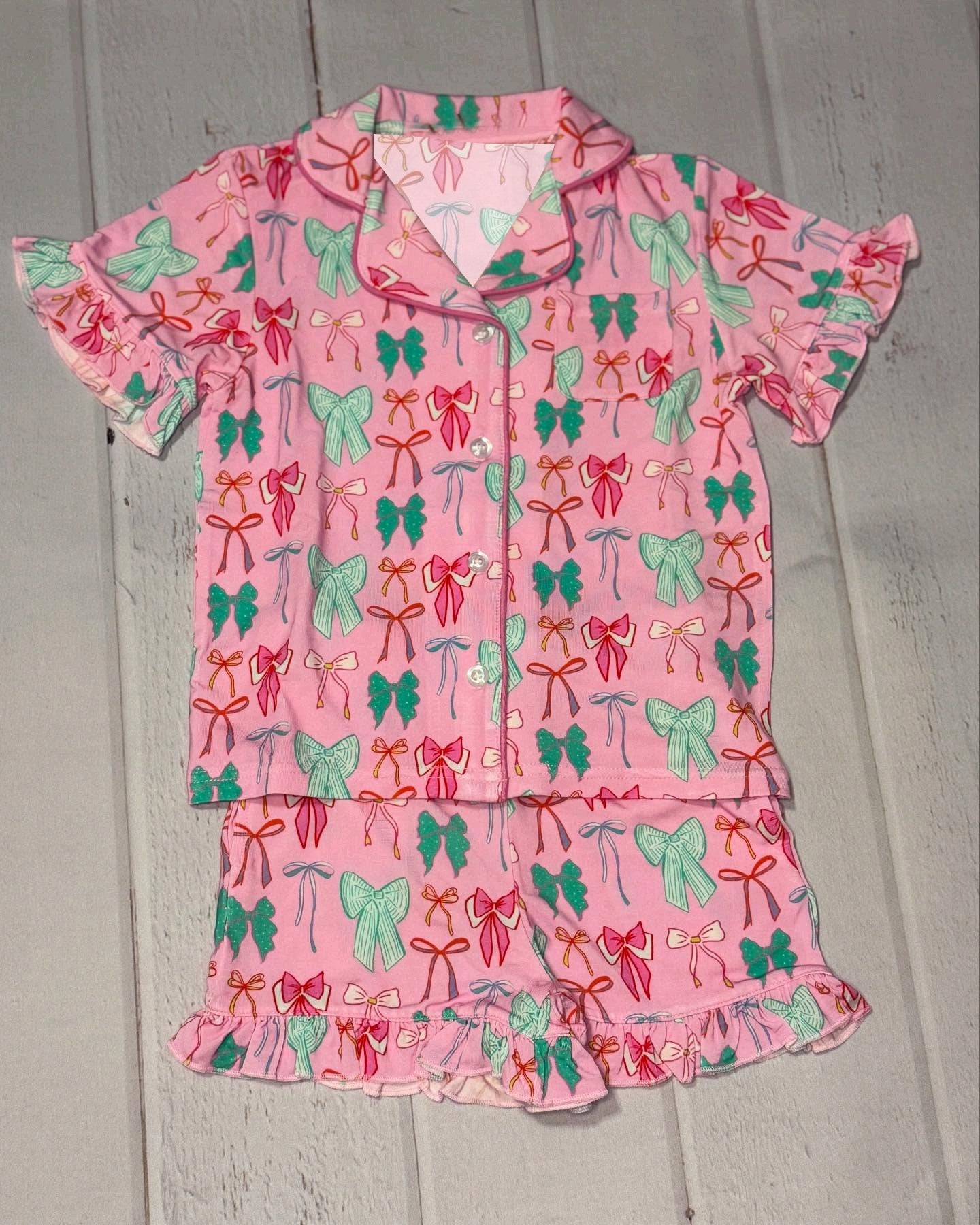 Baby Girls Pink Short Ruffle Sleeves Bows Button Pocket Top Sorts Pajamas Set Preorder