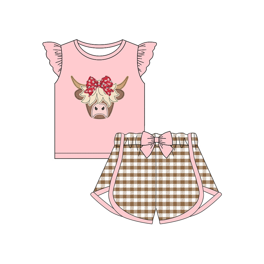 Baby Girls Pink Flutter Sleeves Bow Highland Top Plaid Short Set Preorder