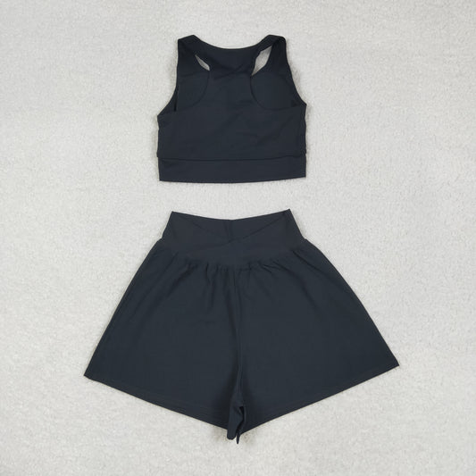 USA Adult Women Black Sleeveless Vests Top Short Bottom Yoga Active Set