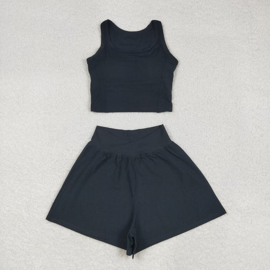 USA Adult Women Black Sleeveless Shirts Top Short Bottom Yoga Active Set