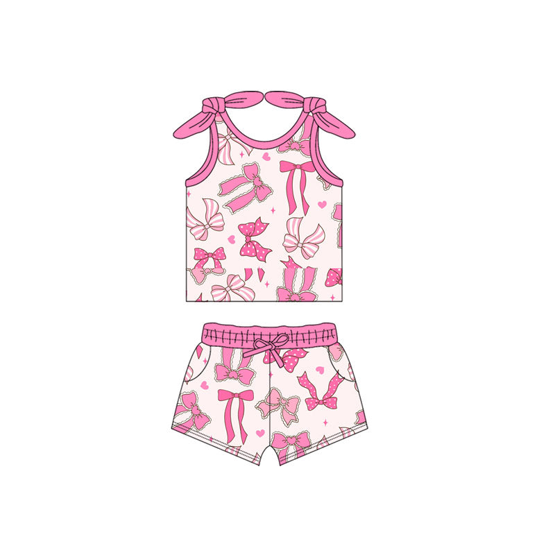 Baby Girls Sleeveless Pink Bows Hearts Vest Top Pockets Short Sets Preorder