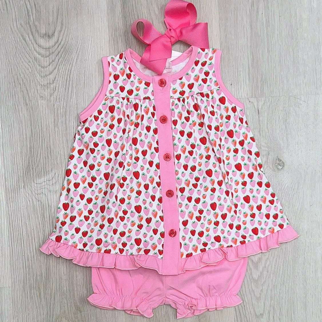 Baby Girls Pink Sleeveless Strawberry Button Tunic Ruffle Short Set Preorder