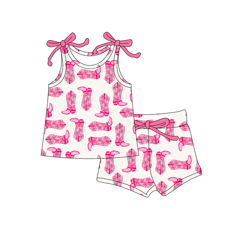 Baby Girls Bows Sleeveless Pink Boots Plaid Top Short With Belt Set Preorder