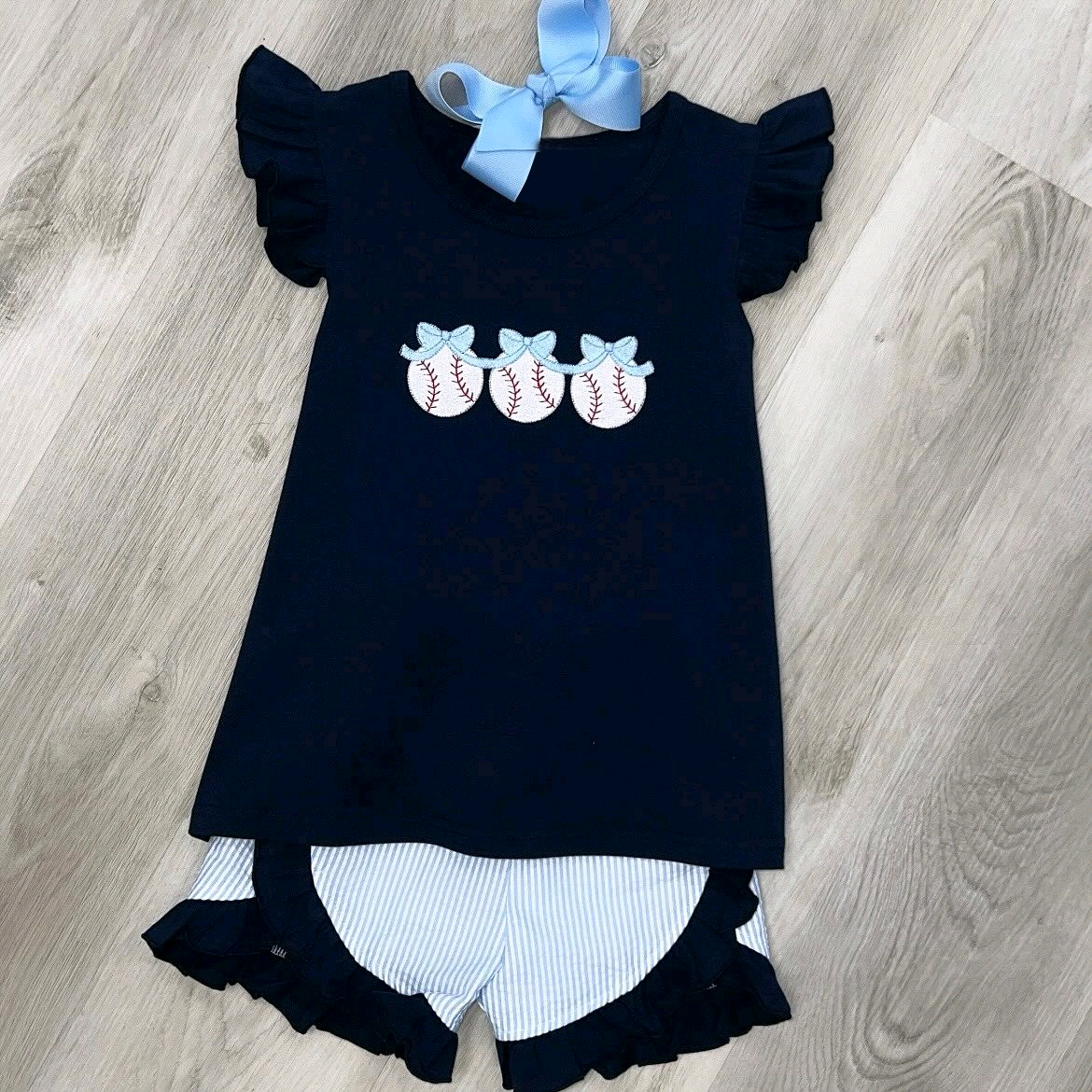 Baby Girls Navy Flutter Sleeves Baseballs Tunic Ruffle Stripe Shorts Set Preorder