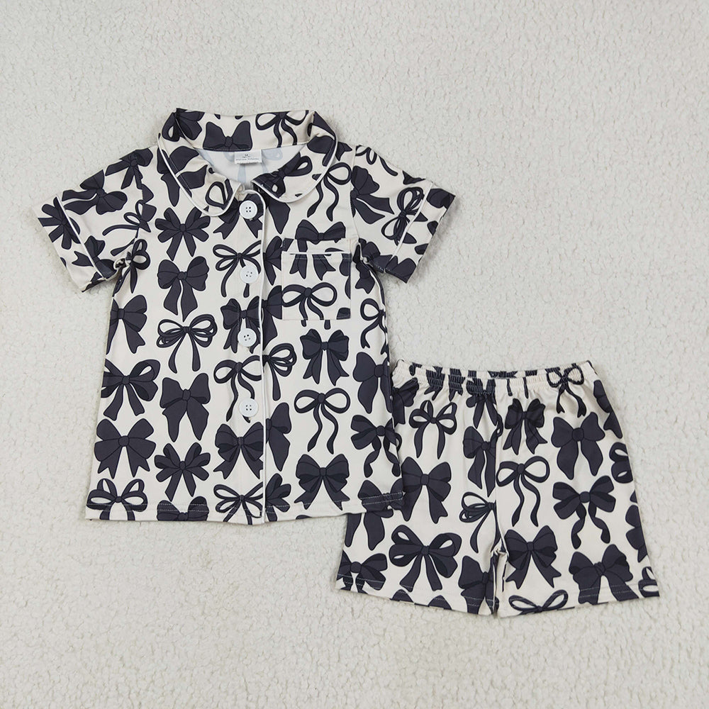 Baby Girls Short Sleeves Black Bows Button Pocket Top Short Pajamas Sets