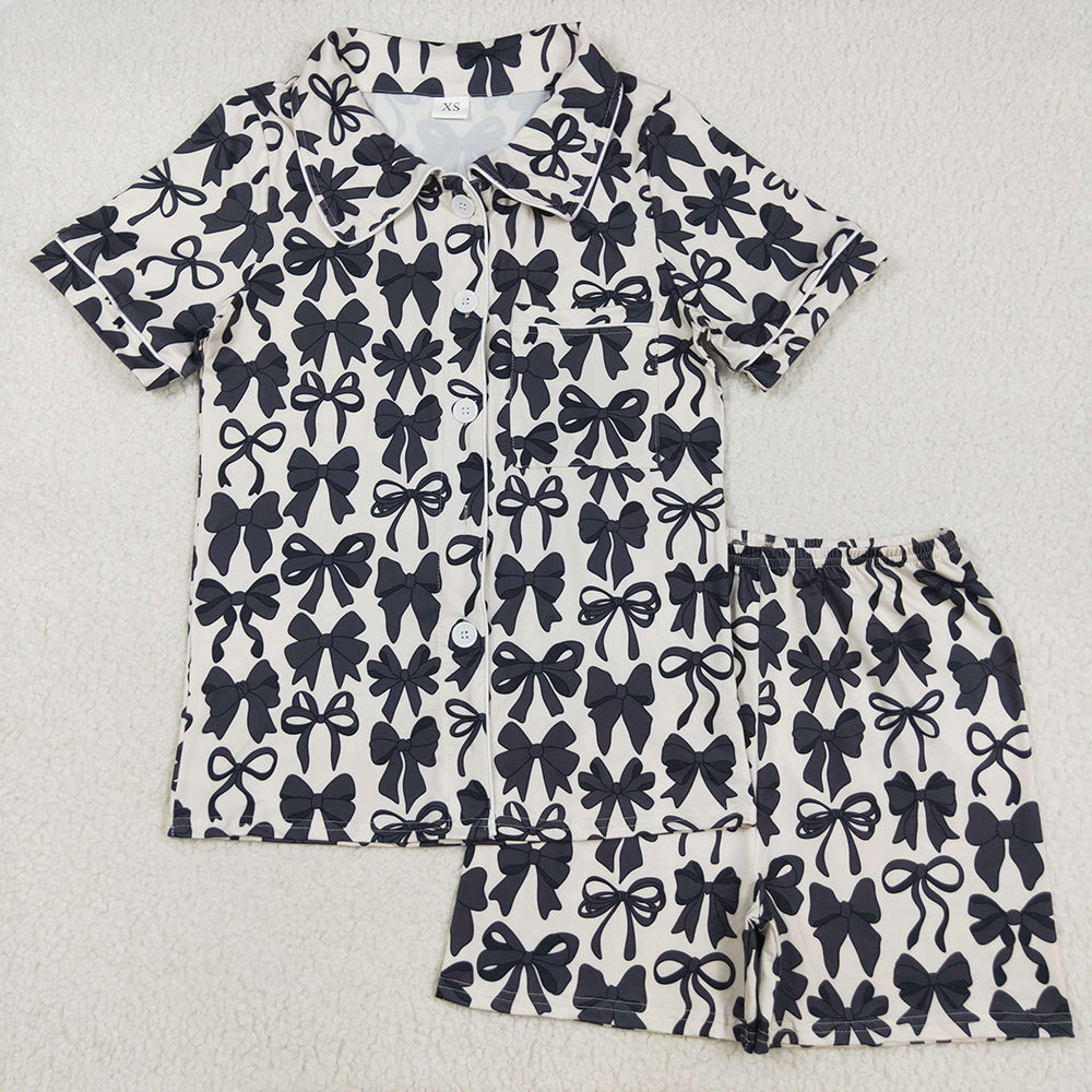 Adult Women Short Sleeves Black Bows Button Pocket Top Short Pajamas Sets