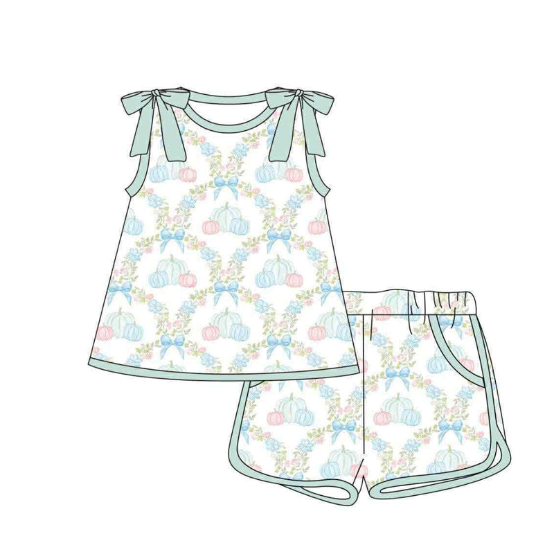 Preorder moq 5 Baby Girls Bows Sleeveless Flower Pumpkins Plaid Tunic Pockets Short Set