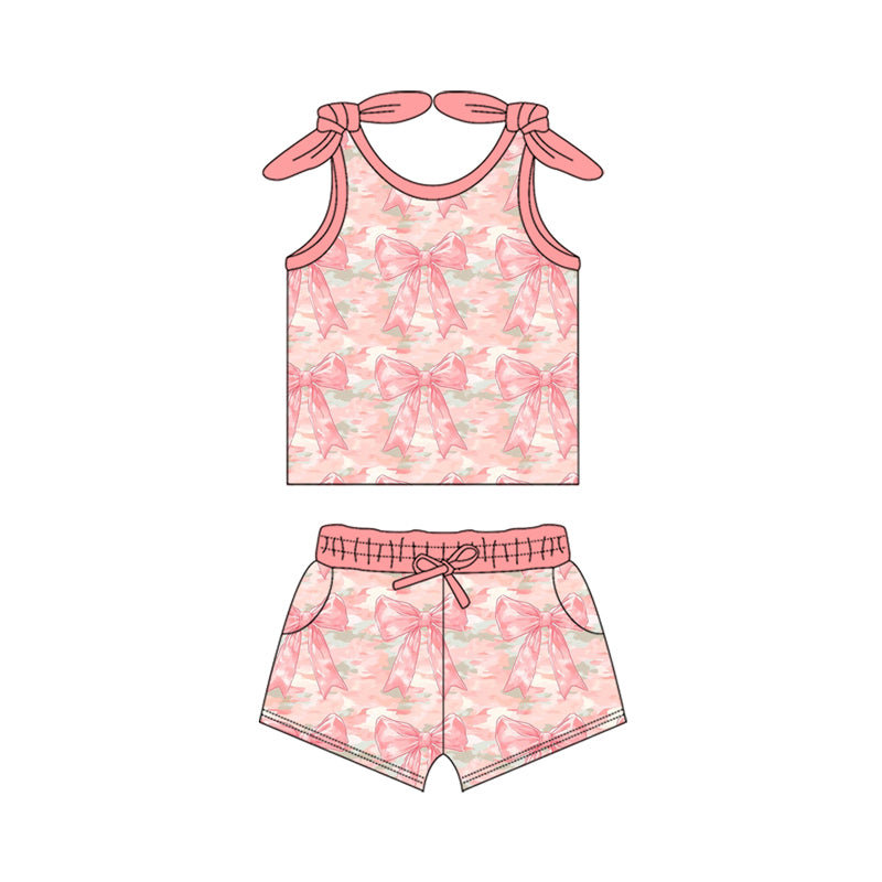 Baby Girls Peach Sleeveless Camo Bows Vest Top Pockets Short Set Preorder