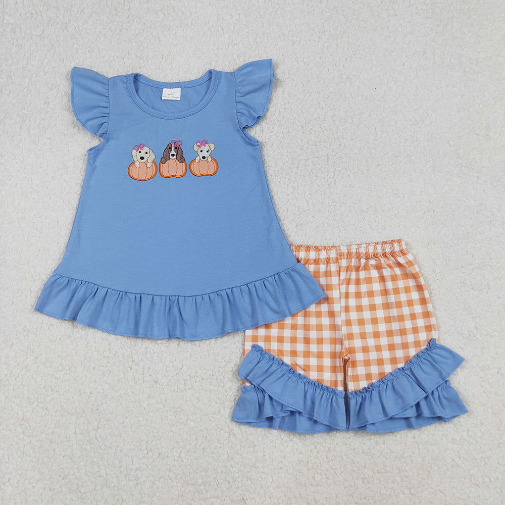 Embroidery Dogs Pumpkins Baby Girls Tunic Ruffle Shorts Clothes Sets