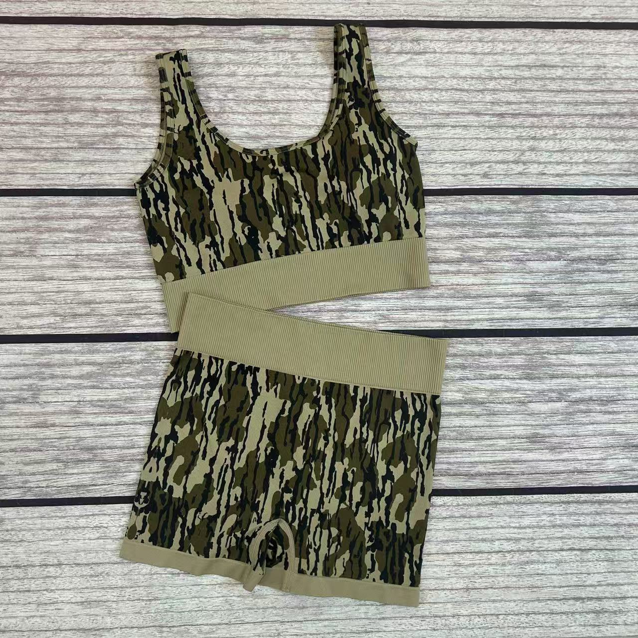 Adult Women Sleeveless Olive Camo Vests Top Sports Short Sets