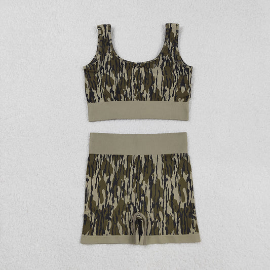 Adult Women Sleeveless Olive Camo Vests Top Sports Short Sets