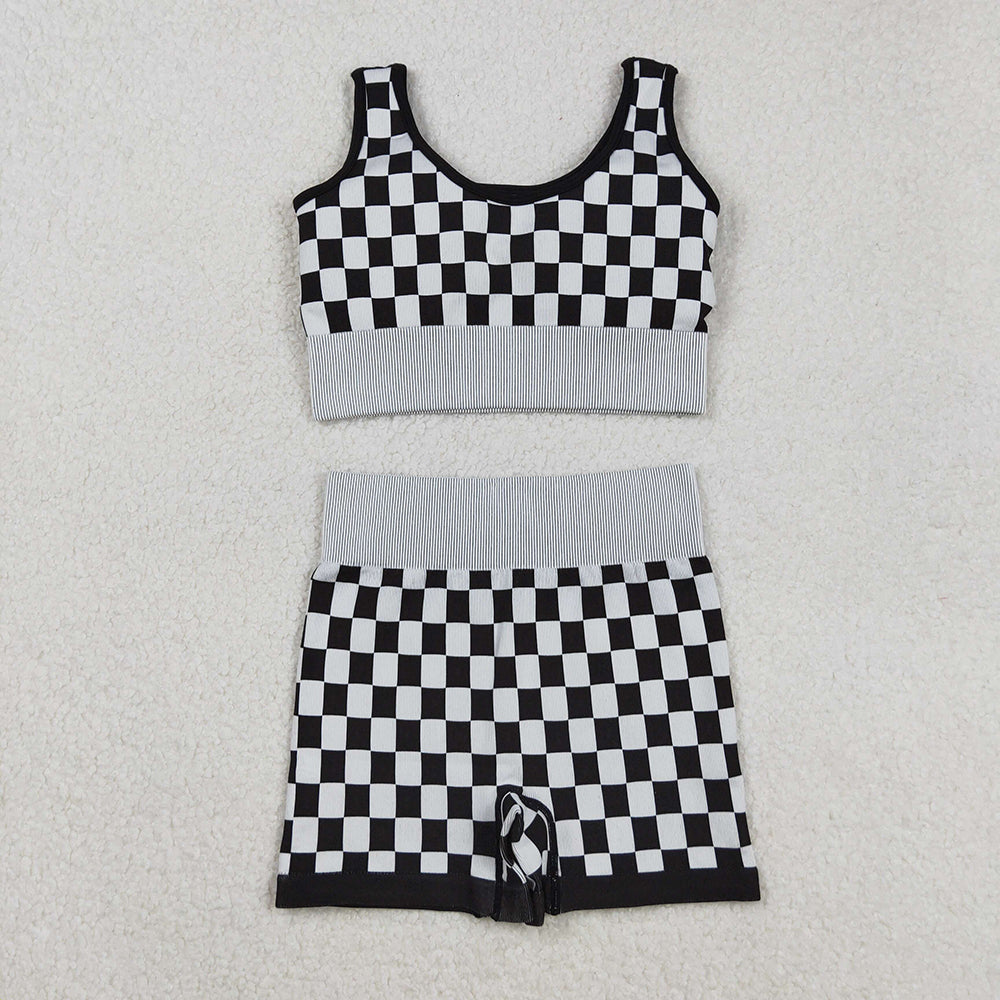 Adult Women Sleeveless Black Plaid Vests Top Short Sets