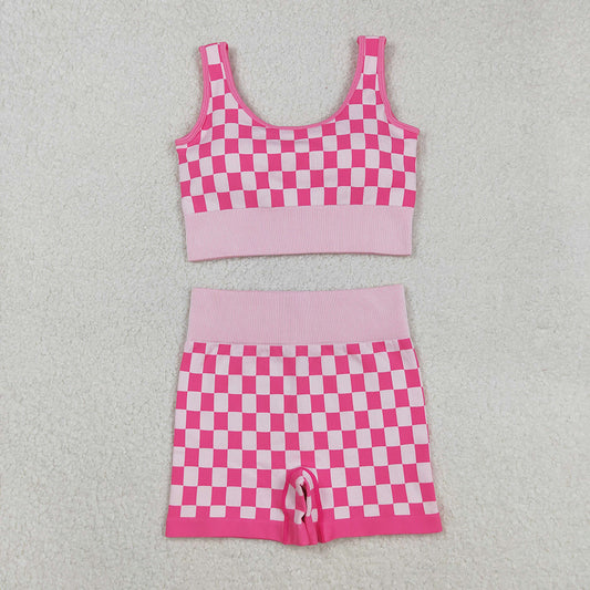 Adult Women Pink Checkered Crop Bra Top Shorts Yoga Outfits Sets