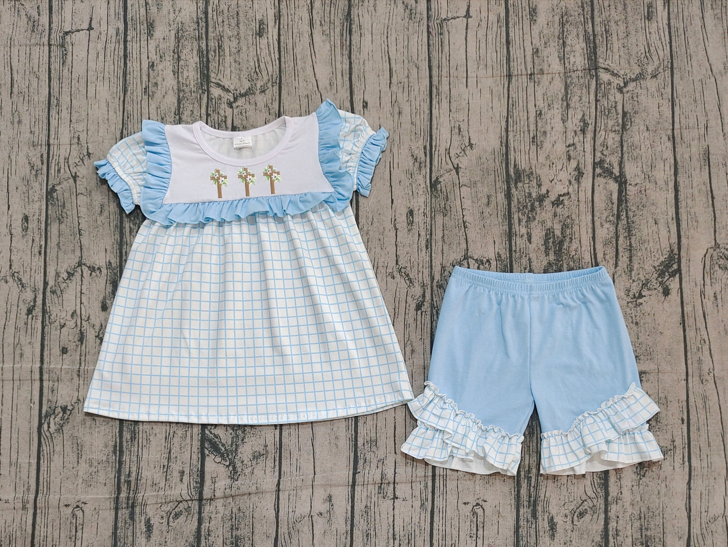 Embroidery Crosses Baby Girls Blue Checked Tunic Ruffle Shorts Easter Clothes Sets Preorder
