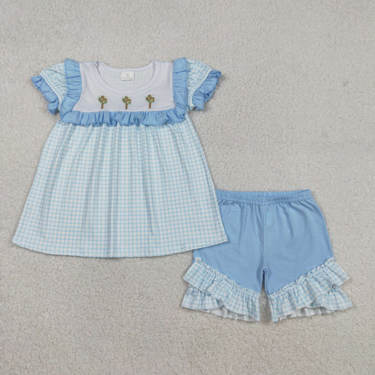 Sibling Baby Girls Blue Checked Embroidery Floral Crosses Tunic Ruffle Shorts Knee Length Dress