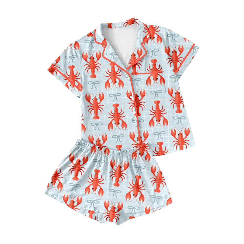 Adult Women Bows Crayfishes Checked Button Top Shorts Pajamas Set Preorder