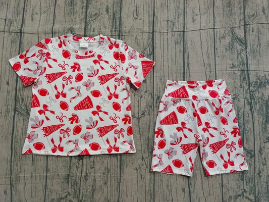 Baby Girls Red Grey Bow Footballs Top Shorts Go Team Pajamas Clothes Set
