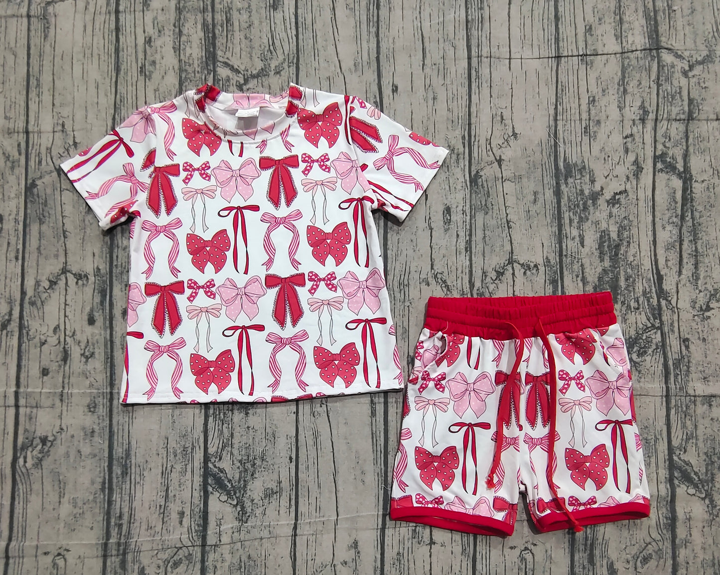 Baby Girls Red Heart Bows Top Pockets Shorts Valentines Clothes Sets
