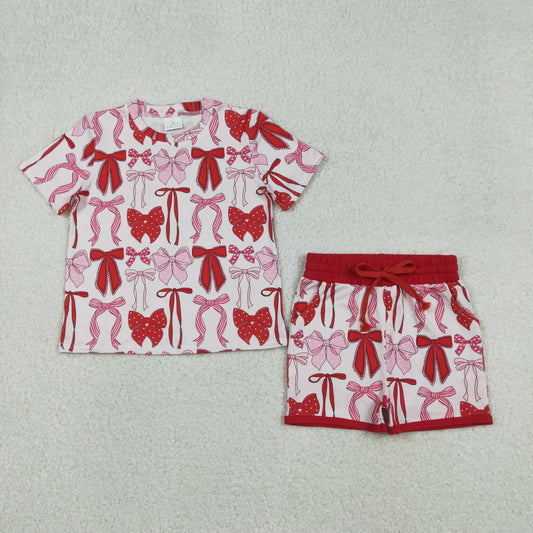 Sibling Baby Girls Hearts Bows Top Pockets Shorts Valentines Clothes Sets