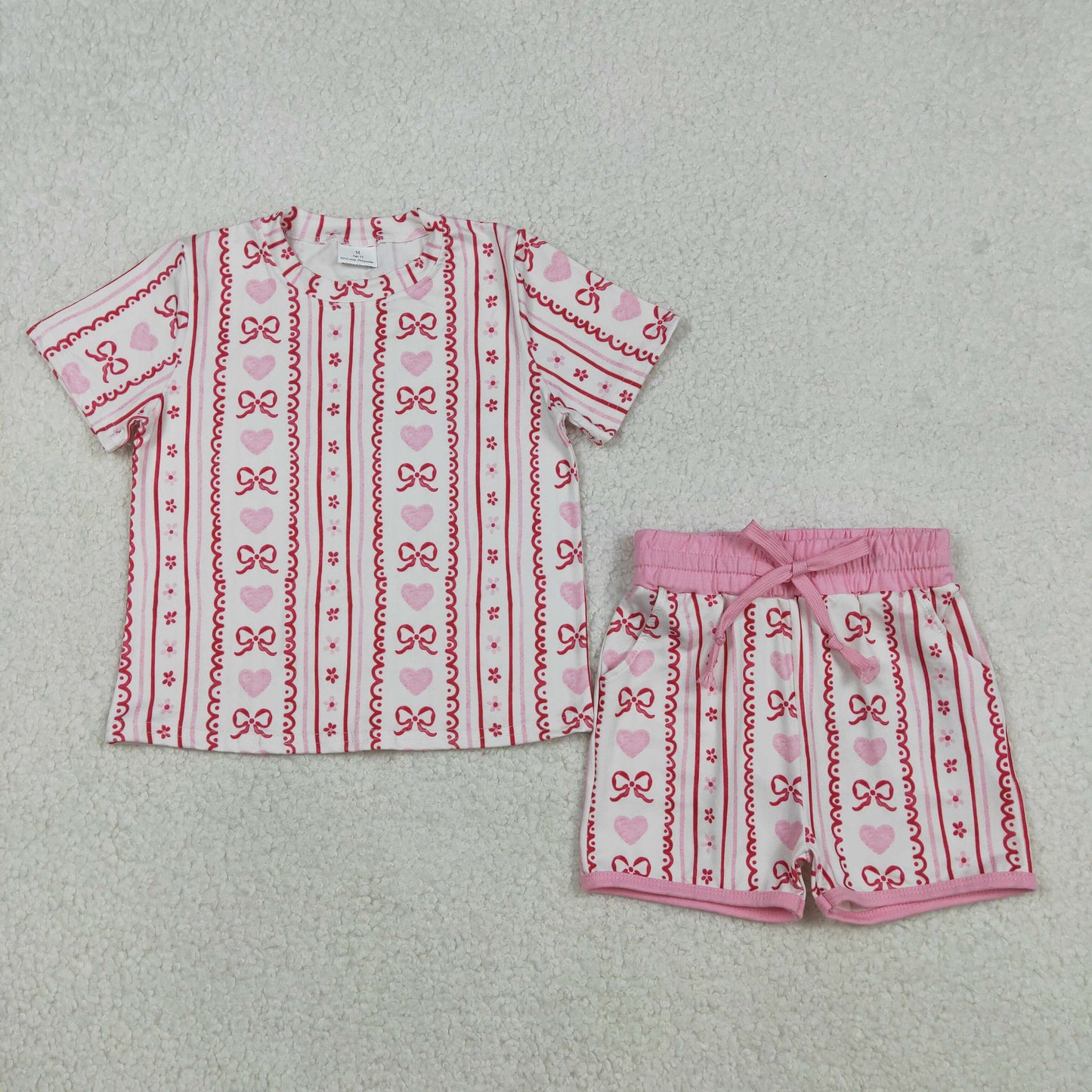 Sibling Baby Girls Hearts Bows Top Pockets Shorts Valentines Clothes Sets