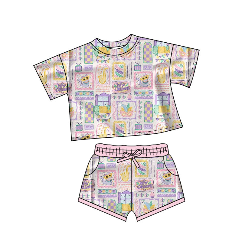 Baby Girls Mardigras Anchors Masks Checked Top Pockets Shorts Clothes Sets Preorder