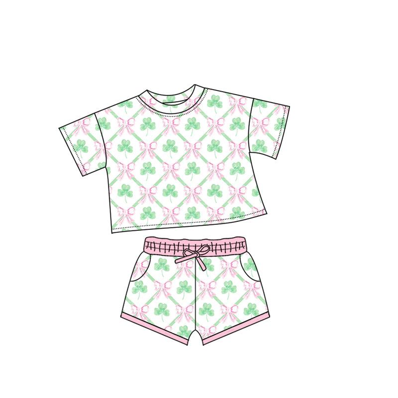 Baby Girls Bows Clovers Checked Top Pockets Shorts St Patrick Clothes Sets Preorder