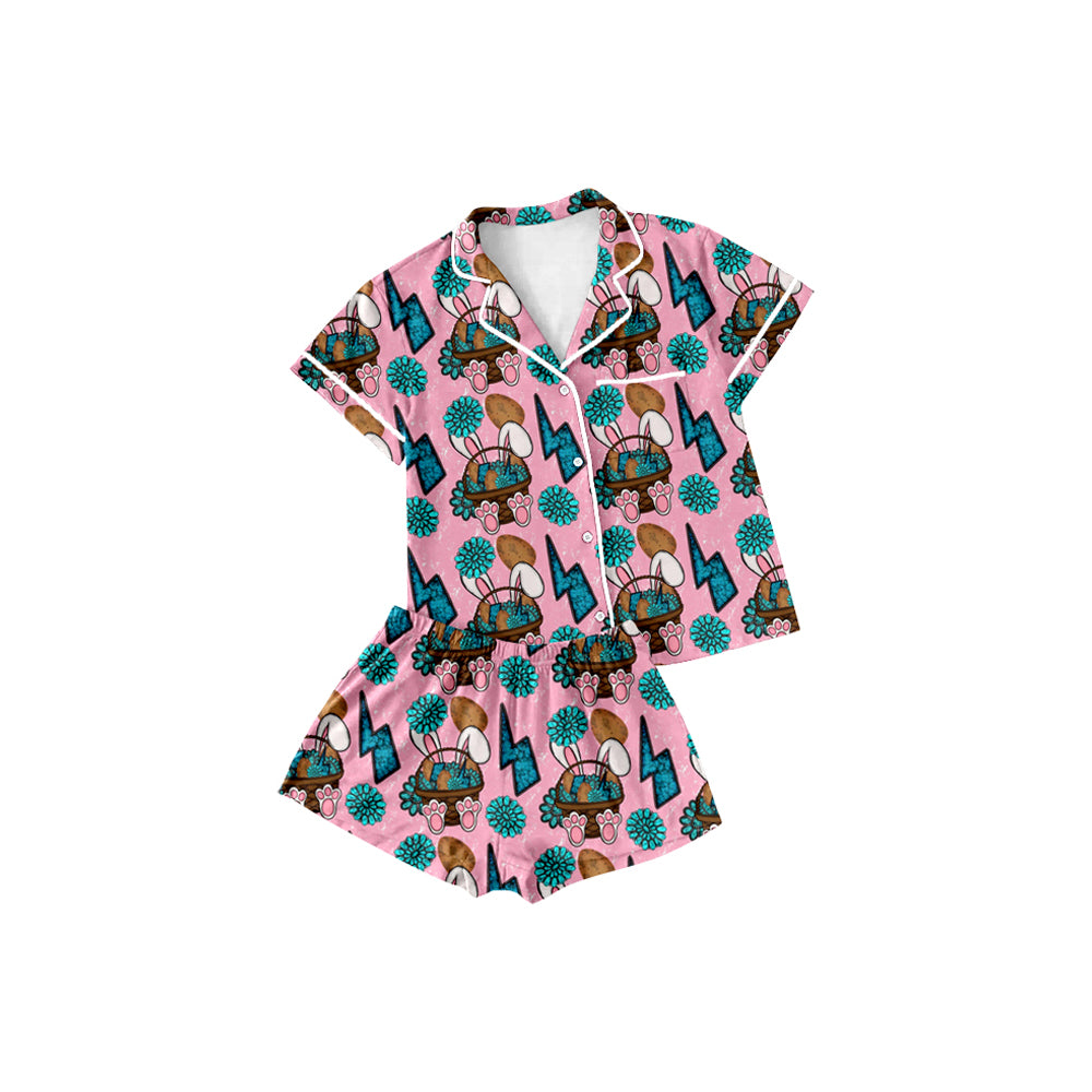 Baby Girls Rabbits Eggs Turquoises Button Top Shorts Easter Pajamas Sets Preorder