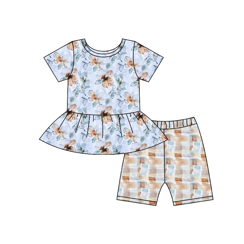 Baby Girls Blue Flowers Ruffle Tunic Shorts Clothes Sets Preorder