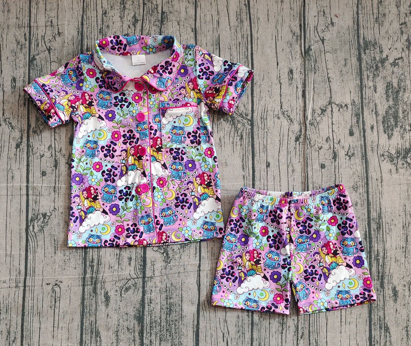 Baby Girls Leopard Demon Hunter Button Pocket Top Shorts Pajamas Sets