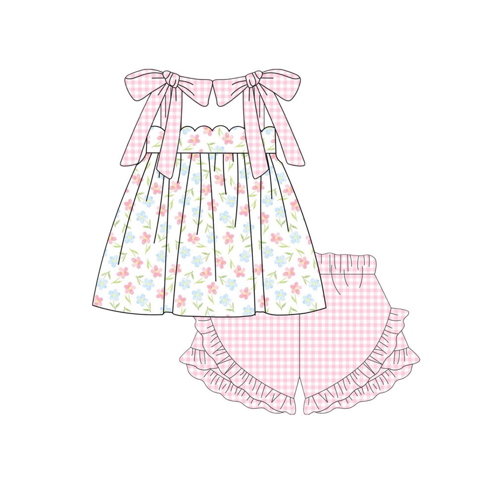 Baby Girls Pink Checked Strap Flowers Tunic Ruffle Shorts Clothes Sets Preorder