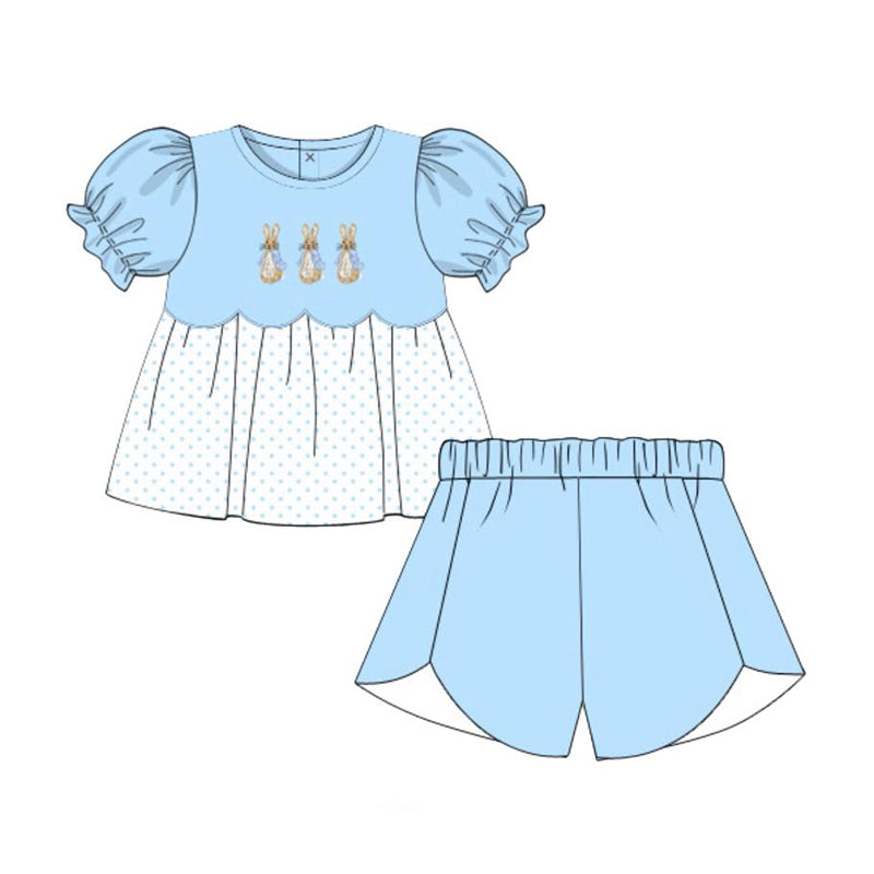 Baby Girls Blue Rabbits Polka Dots Tunic Shorts Easter Clothes Sets Preorder
