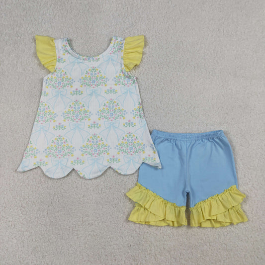 Sibling Baby Girls Colorful Bows Flowers Scallop Tunic Ruffle Shorts Clothes Sets