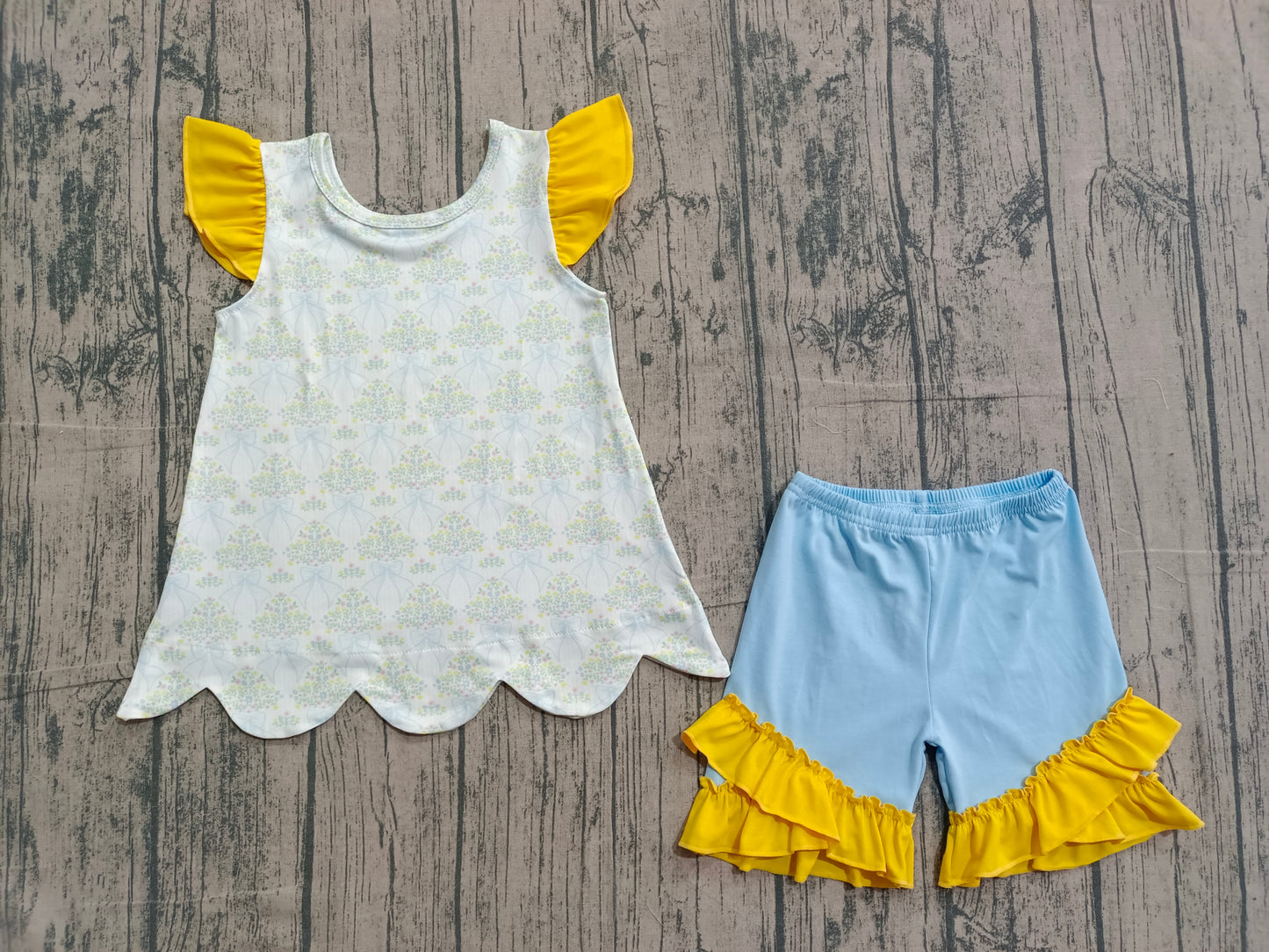 Baby Girls Bow Flowers Checked Scallop Tunic Ruffle Shorts Clothes Sets