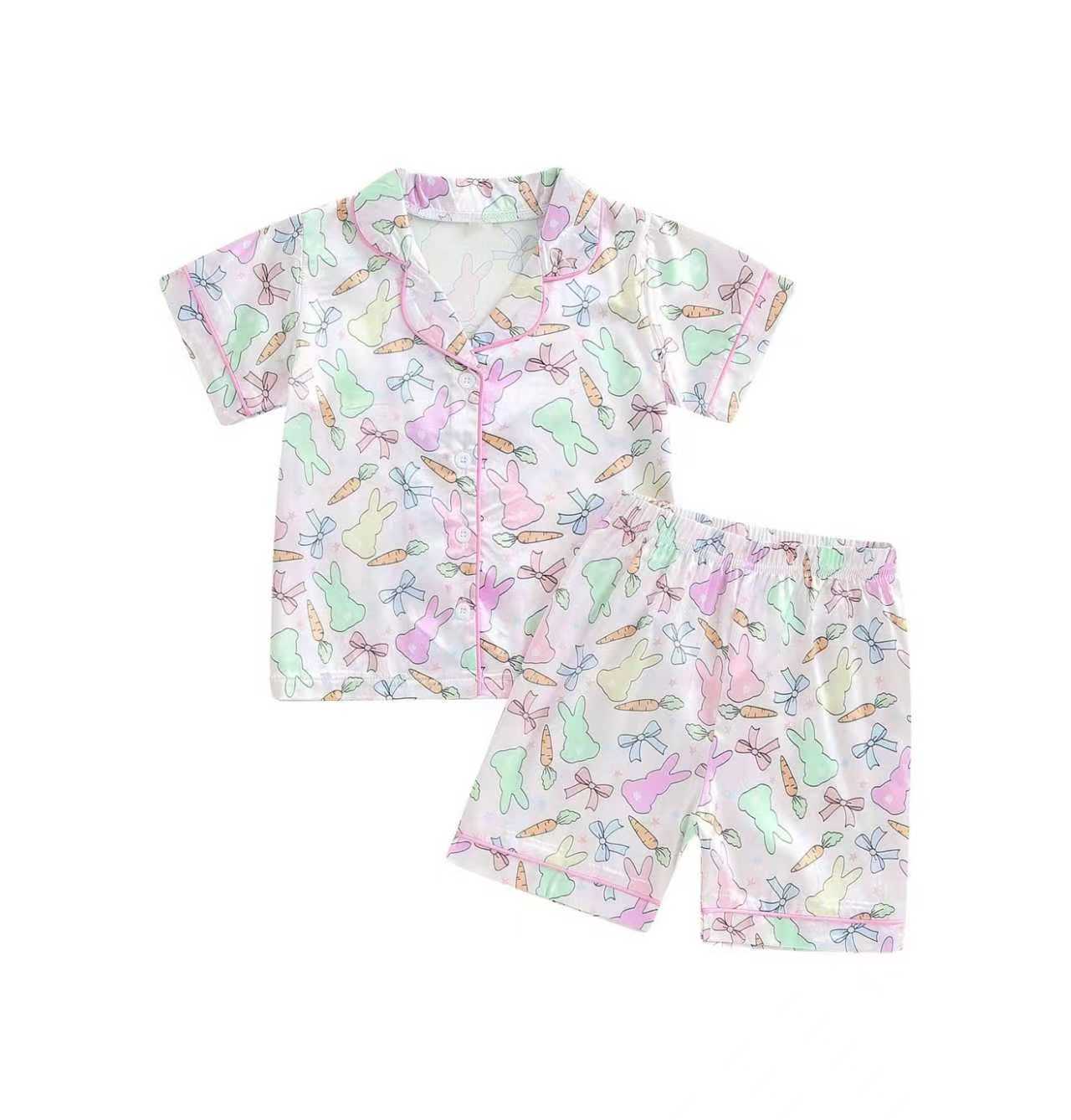 Baby Girls Colorful Rabbits Carrots Button Top Shorts Easter Pajamas Sets Preorder