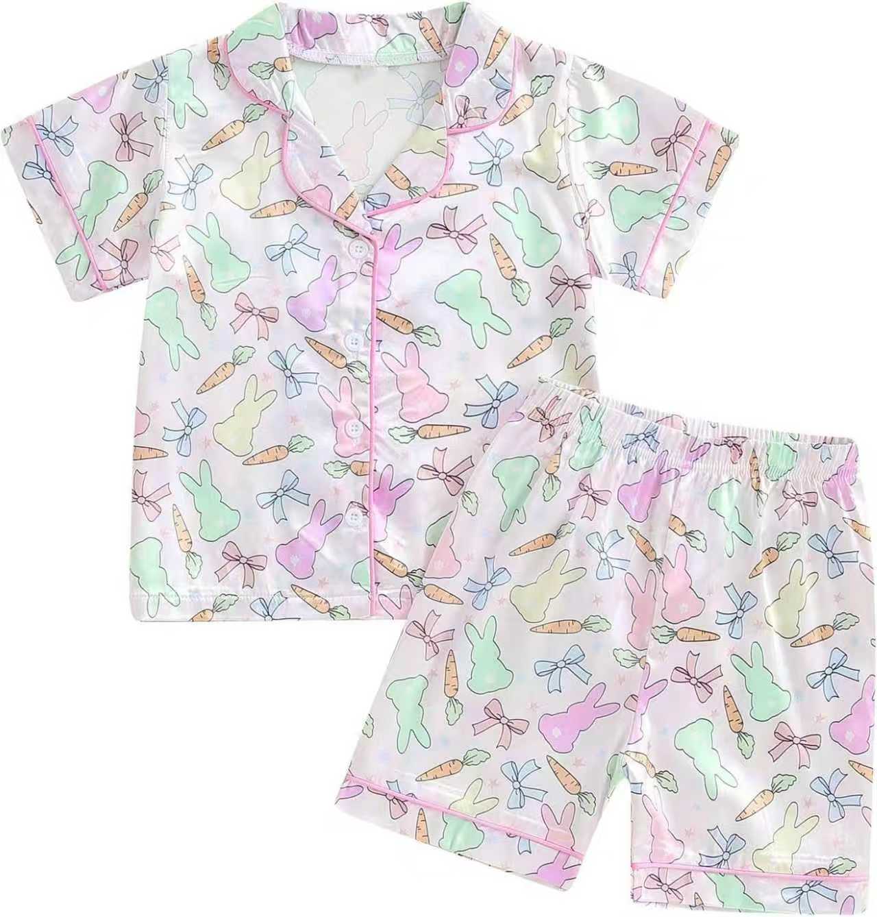 Adult Women Colorful Rabbits Carrots Button Top Shorts Easter Pajamas Set Preorder