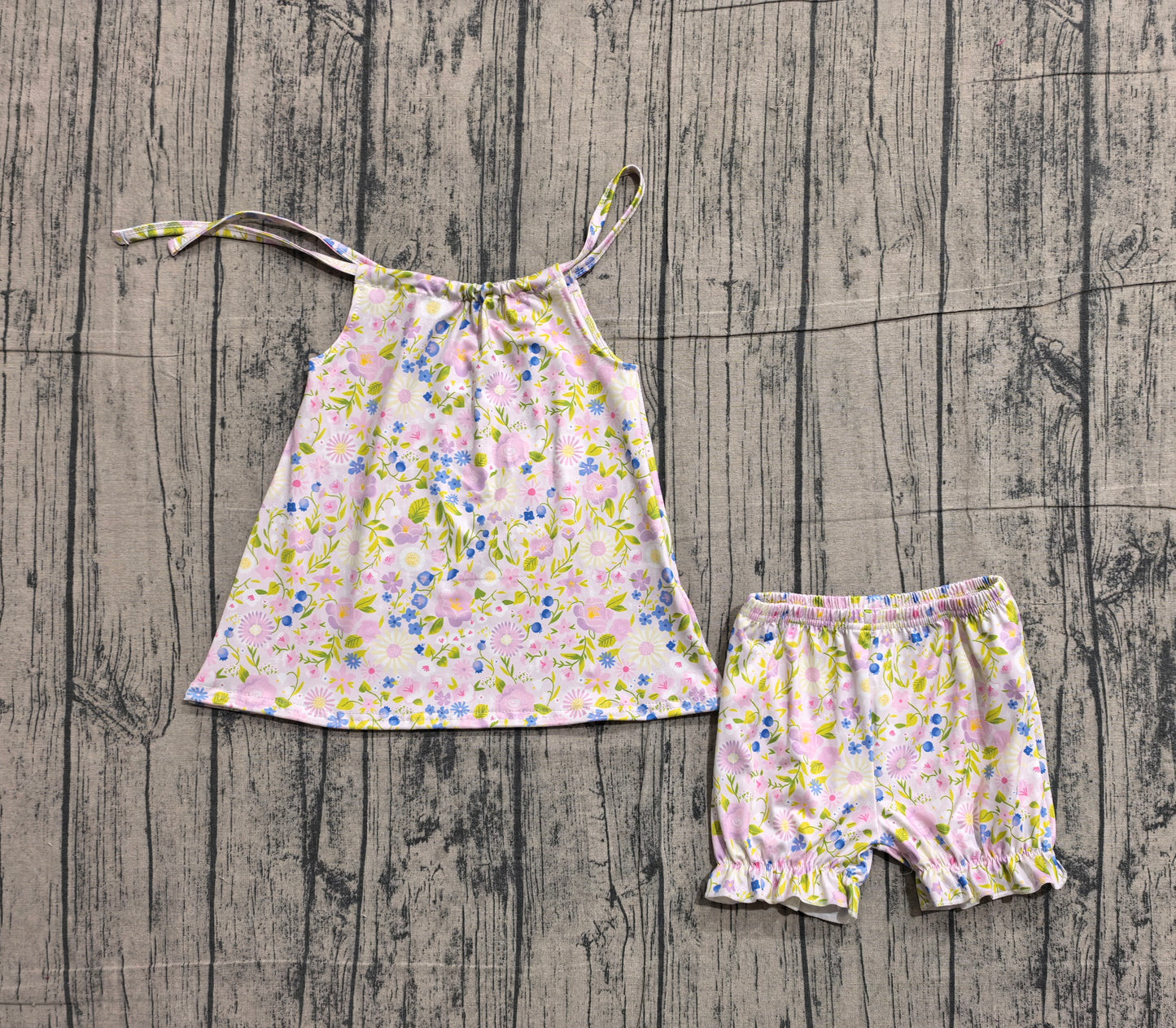 Baby Girls Pink Strap Floral Tunic Ruffle Shorts Clothes Sets