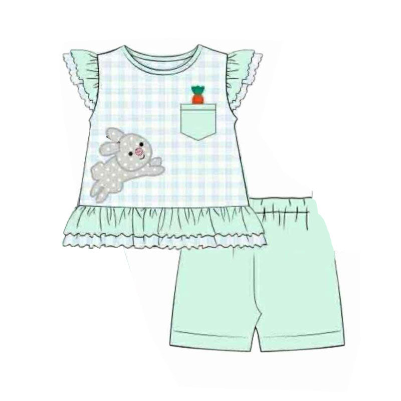 Baby Girls Checked Rabbits Carrots Ruffle Tunic Shorts Easter Clothes Sets Preorder