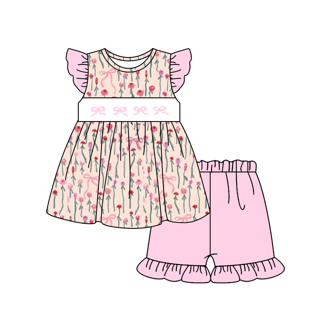 Baby Girls Bows Flowers Tunic Ruffle Shorts Clothes Sets Preorder