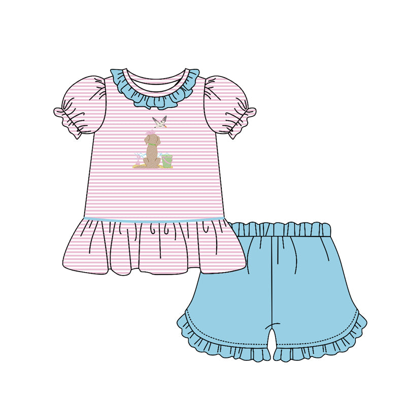 Baby Girls Bird Dogs Beach Stripe Collar Tunic Ruffle Shorts Clothes Sets Preorder