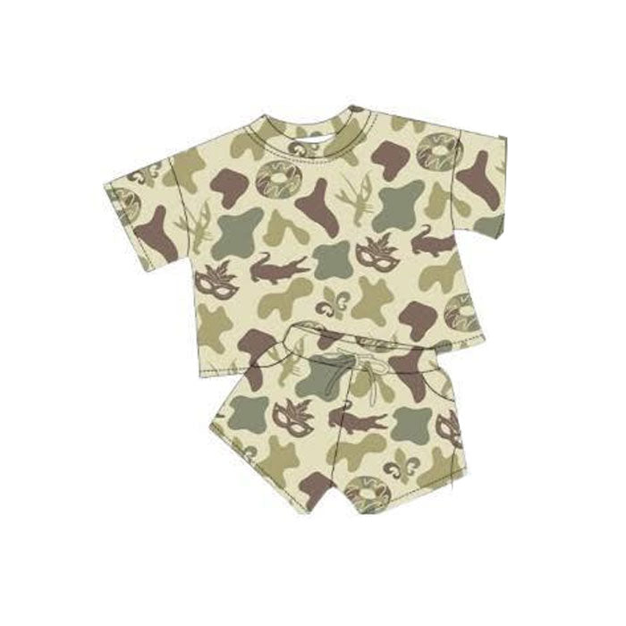 Baby Girls Green Camo Donuts Masks Top Pockets Shorts Mardigras Clothes Sets Preorder
